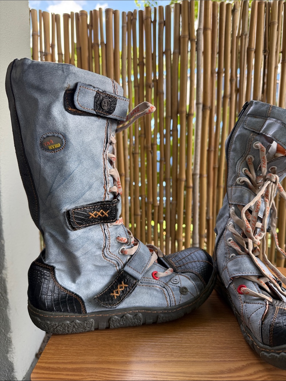 Women's Lace-Up Mid-Calf Boots in Light Blue and Black - Picture 2 of 11